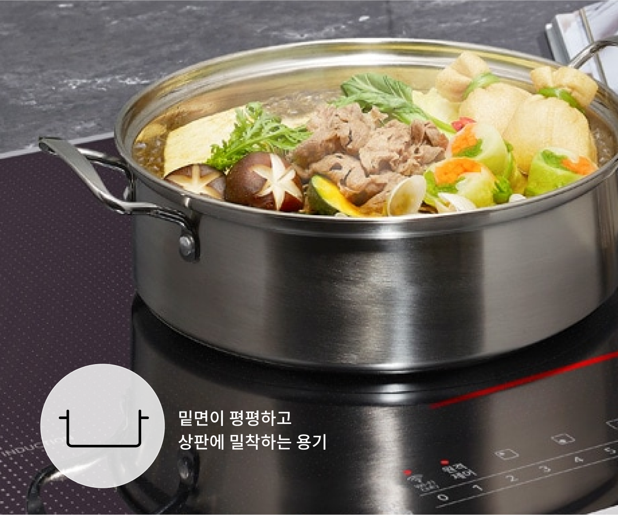 LG 디오스 인덕션 위에 '밑면이 평평하고 상판에 밀착하는 용기'라는 텍스트와 해당 아이콘이 있는 스테인리스 냄비에 다양한 채소와 고기가 담겨있는 모습.