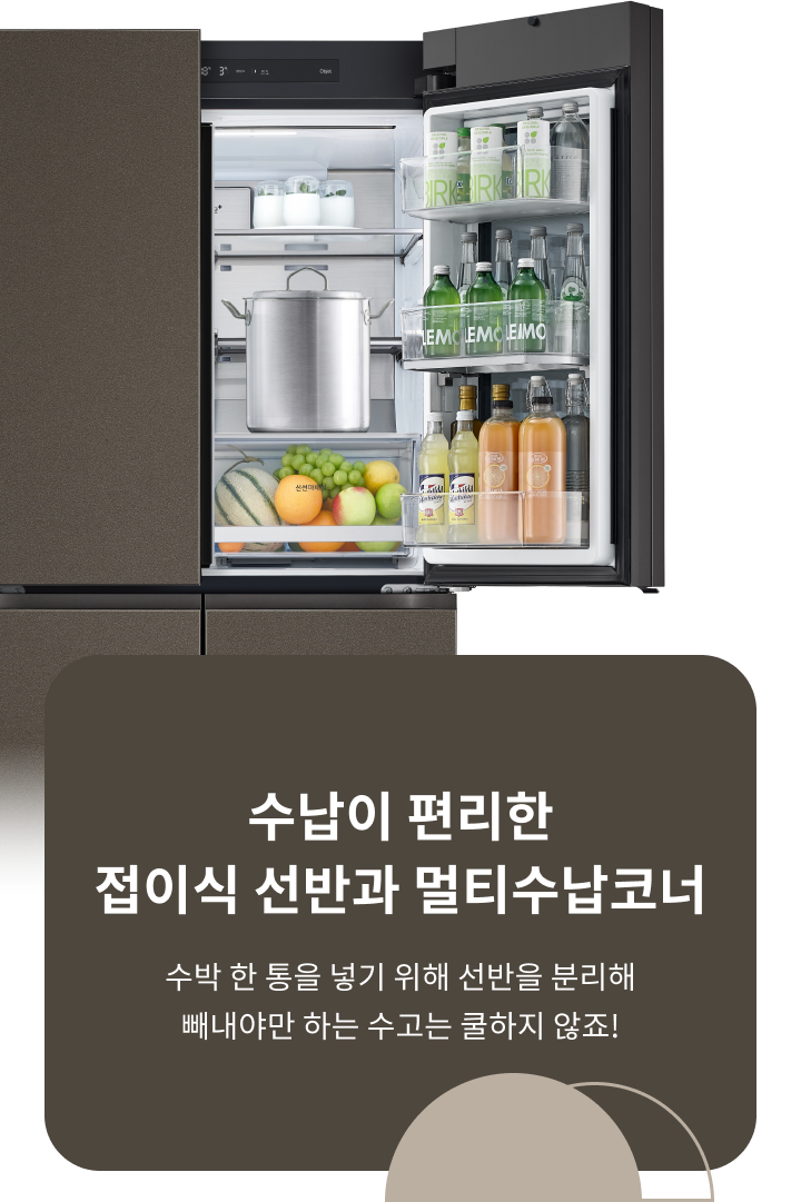 LG 디오스 냉장고 내부 모습이 보이고, '수납이 편리한 접이식 선반과 멀티수납코너'라는 문구와 함께 '수박 한 통을 넣기 위해 선반을 분리해 빼내야만 하는 수고는 쿨하지 않죠!'라는 설명이 포함된 이미지.