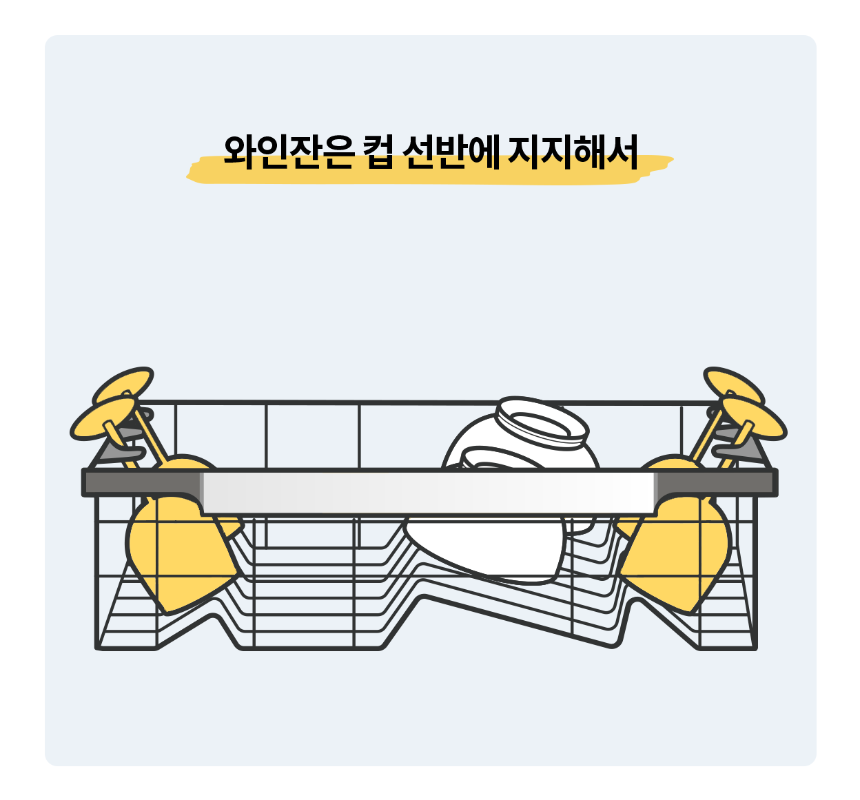 와인잔이 식기세척기 내부 컵 선반에 거꾸로 세워진 모습을 표현한 일러스트로, 위에는 '와인잔은 컵 선반에 지지해서'라는 문구가 강조된 모습.