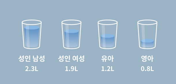 성인 남성과 여성, 유아, 영아의 하루 권장 물 섭취량을 각각 2.3L, 1.9L, 1.2L, 0.8L로 나타낸 그래픽 이미지 