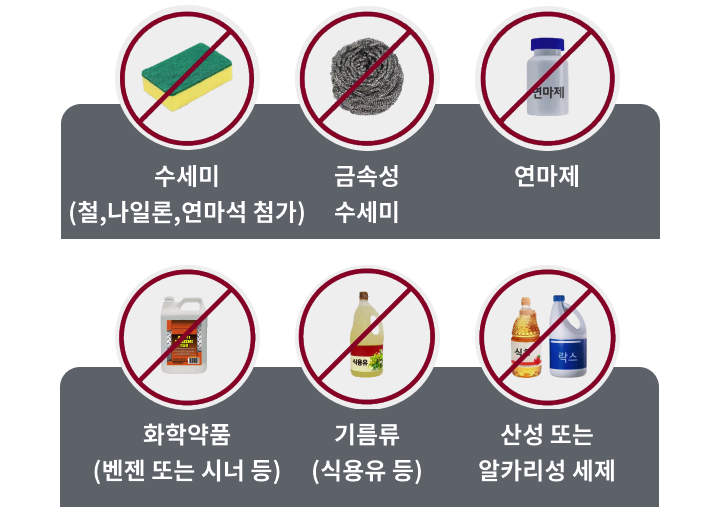 사용하면 안 되는 세척 도구와 세제에 대한 안내 이미지-수세미(철,나일론, 연마석 첨가) 금속성 수세미, 연마제, 화학약품(벤젠 또는 시너 등) 기름류(식용유 등) 산성 또는 알칼리성 세제