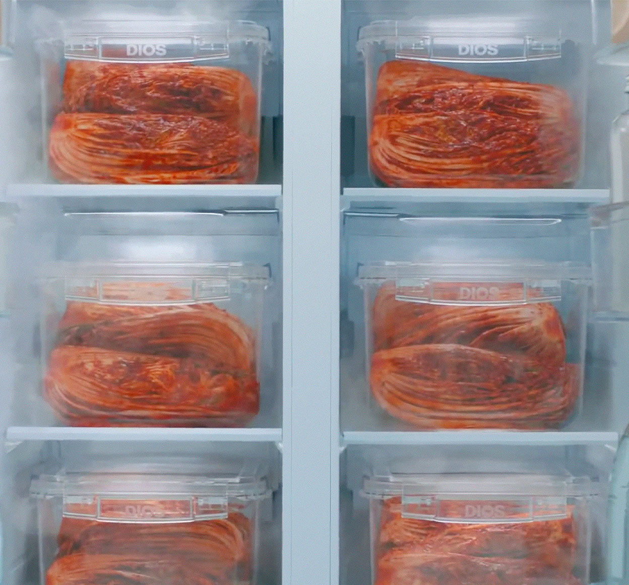 김치통이 가지런히 보이는 차가운 냉장고 내부 이미지