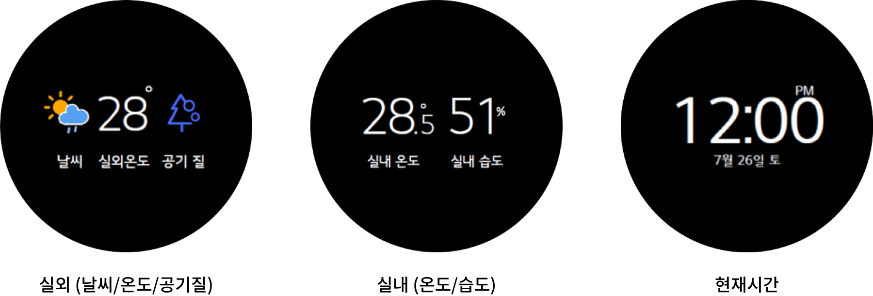 실외 (날씨/온도: 28℃/공기질), 실내 (온도: 28.5℃, 습도: 51%), 현재 시간: 12:00 PM, 날짜: 7월 26일 토