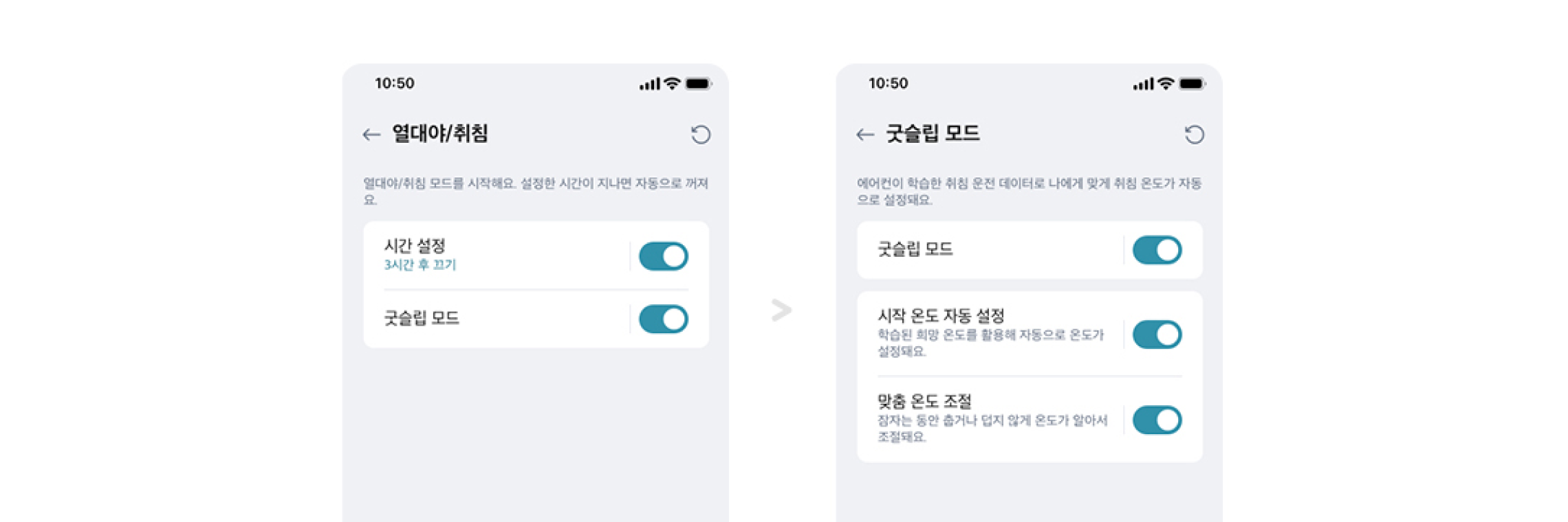 열대야/취침 모드가 굿슬립 모드로 변경됨. 기존: 시간 설정, 굿슬립 모드 활성화 기능 제공. 변경 후: 시작 온도 자동 설정, 맞춤 온도 조절 기능 추가로 취침 온도 맞춤 조절 가능.