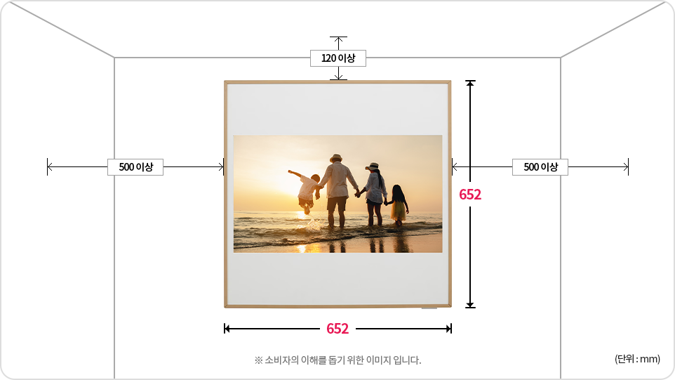 652mm x 652mm 크기로, 벽면에 설치할 때 위쪽 120mm 이상, 좌우 각각 500mm 이상의 공간이 필요함