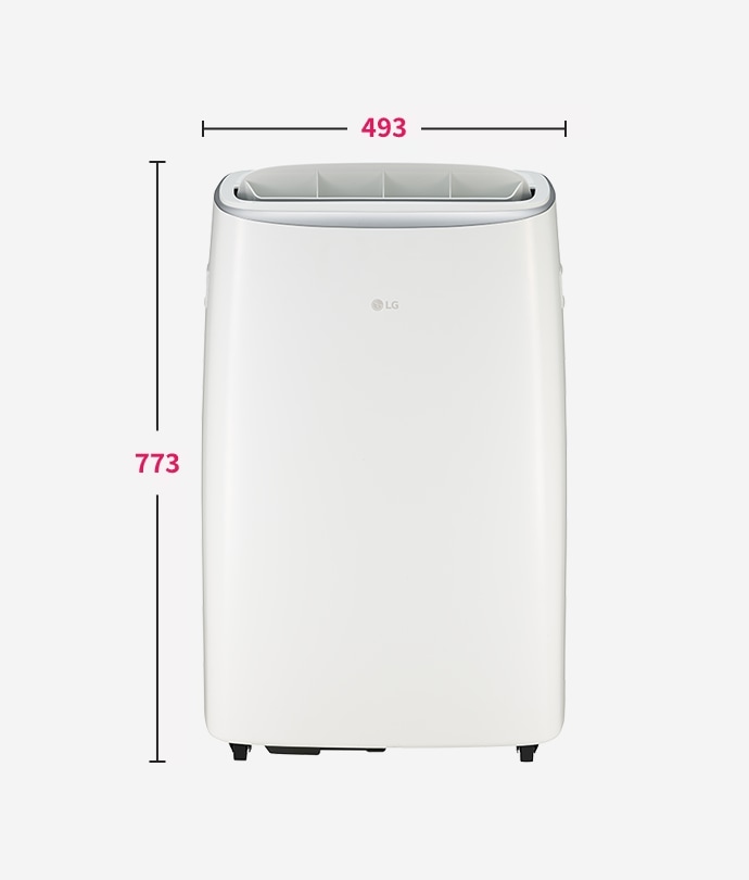 이동식 에어컨의 전면 크기를 표시한 이미지 높이: 773mm 가로 폭: 493mm