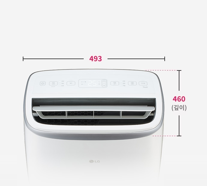 이동식 에어컨의 상단과 깊이 크기를 표시한 이미지 가로 폭: 493mm 깊이: 460mm