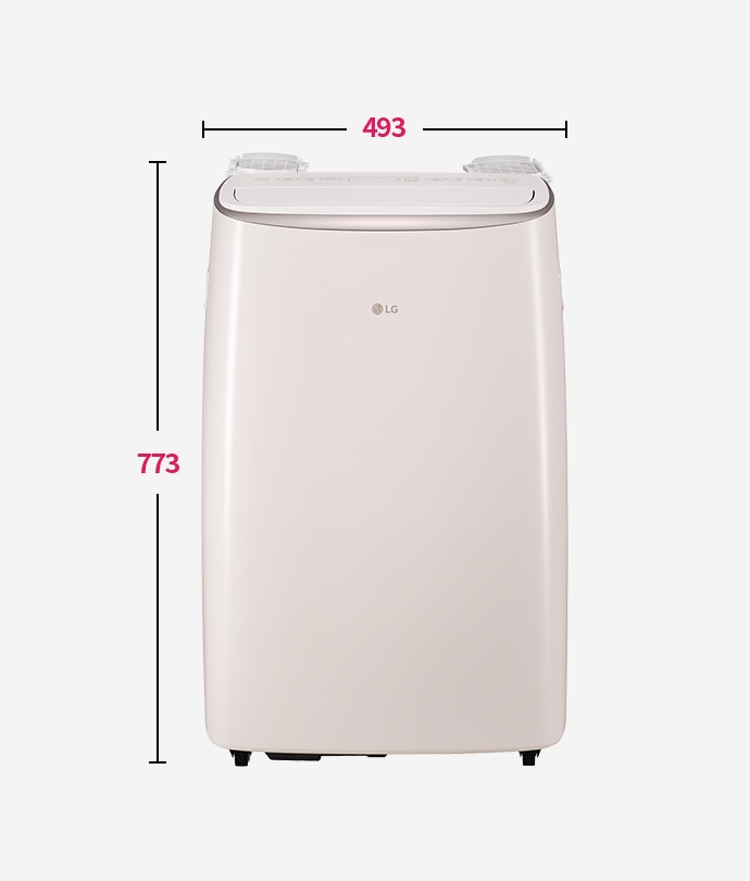 이동형 에어컨 정면 모습 제품 크기 표시: 폭 493mm, 높이 773mm