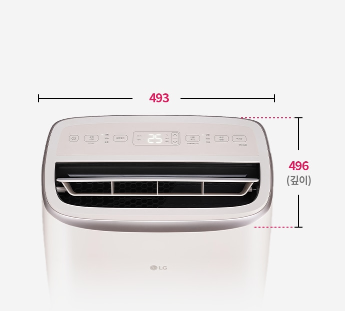 이동형 에어컨 상단 컨트롤 패널과 송풍구 제품 크기 표시: 폭 493mm, 깊이 496mm