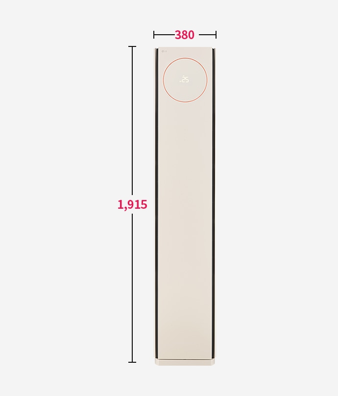 스탠드형 에어컨의 전면 크기 표시, 폭 380mm, 높이 1915mm