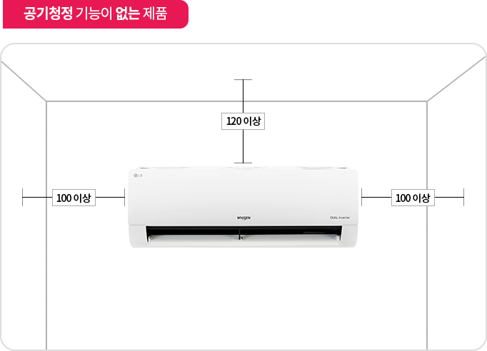 공기청정 기능이 없는 제품이라는 설명과 함께 벽걸이 에어컨의 설치 간격 안내. 에어컨 상단은 천장과 120mm 이상의 간격이 필요. 좌우 측면은 각각 100mm 이상의 간격 유지가 권장됨