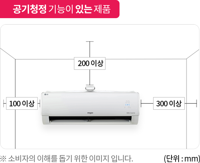 공기청정 기능이 있는 제품이라는 설명과 함께 벽걸이 에어컨의 설치 간격 안내. 에어컨 상단은 천장과 200mm 이상의 간격 필요. 좌측은 100mm 이상, 우측은 300mm 이상의 간격 유지가 권장됨