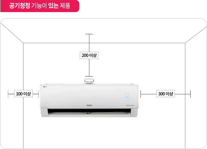 공기청정 기능이 있는 제품이라는 설명과 함께 벽걸이 에어컨의 설치 간격 안내. 에어컨 상단은 천장과 200mm 이상의 간격 필요. 좌측은 100mm 이상, 우측은 300mm 이상의 간격 유지가 권장됨