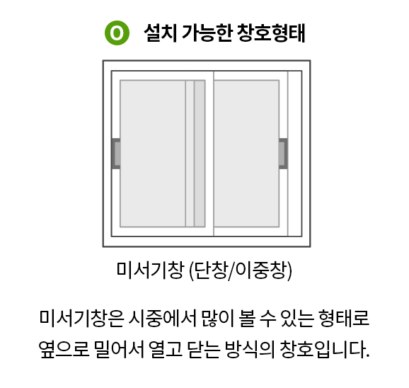 설치 가능한 창문 형태를 나타내는 다이어그램, 설치 가능 창호형태 문구와 미서기창(단창/이중창)에 대한 설명 포함
