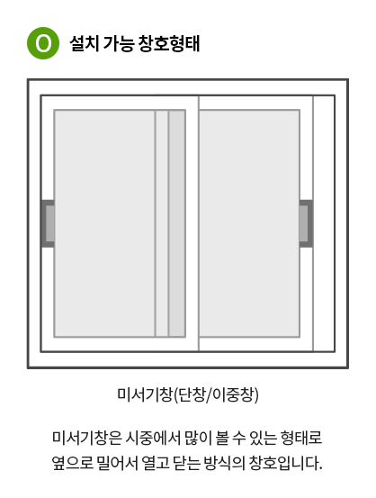 설치 가능한 창문 형태를 나타내는 다이어그램, 설치 가능 창호형태 문구와 미서기창(단창/이중창)에 대한 설명 포함