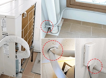 에어컨 실외기 설치 모습. 배관이 벽을 통해 실내로 연결되어 있으며, 배관 연결 부위들이 빨간색 점선으로 강조됨. 하단에는 배관이 벽을 통과하는 부분과 마감 처리된 모습이 확대되어 표시됨.