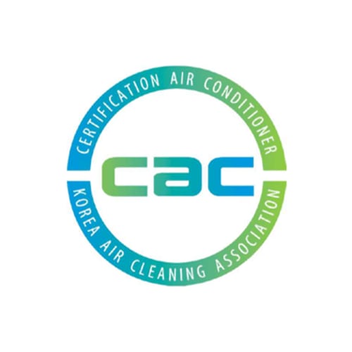CAC 인증 마크. 원형 디자인 안에 cac 로고가 중앙에 있으며, 바깥쪽 테두리에 CERTIFICATION AIR CONDITIONER와 KOREA AIR CLEANING ASSOCIATION 텍스트가 표시됨.