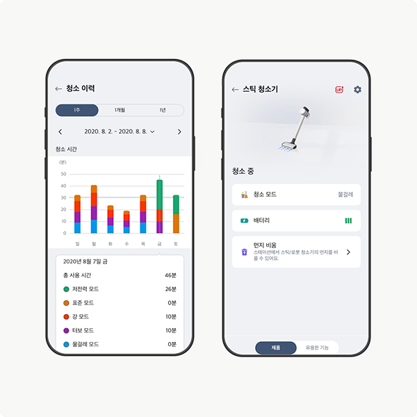 LG ThinQ 앱으로 청소기 제품 및 배터리 상태를 확인할 수 있는 화면과 청소 이력을 확인할 수 있는 화면을 보여주는 이미지입니다.