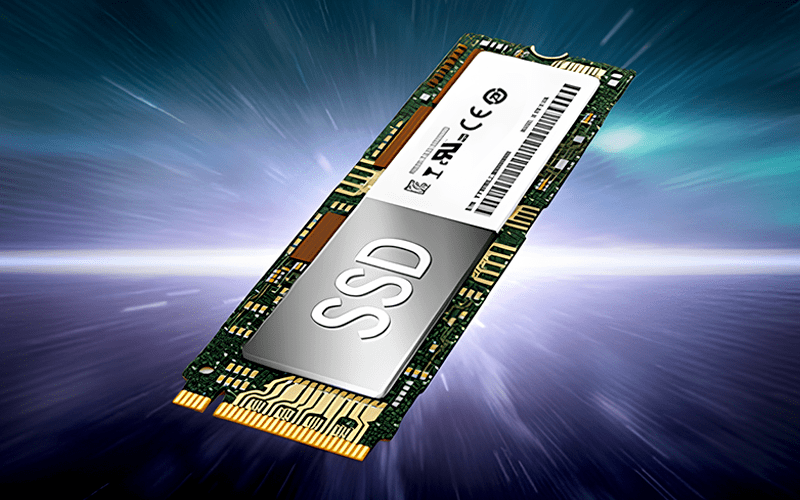빠른 속도로 이동하는 듯한 효과와 함께 M.2 SSD가 강조됨. SSD 표면에는 SSD