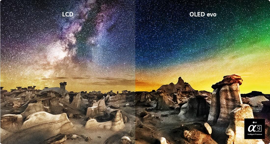 LCD와 OLED evo의 화질 비교 이미지임. 왼쪽 LCD 화면은 밝기가 상대적으로 낮고 색감이 덜 선명함. 오른쪽 OLED evo 화면은 더 깊은 검정과 선명한 색감을 보여줌. 배경에는 밤하늘과 암석 지형이 있음. α9 인공지능 프로세서 로고 있음.
