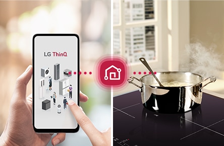스마트폰으로 LG ThinQ 앱을 통해 인덕션을 원격 제어하는 장면