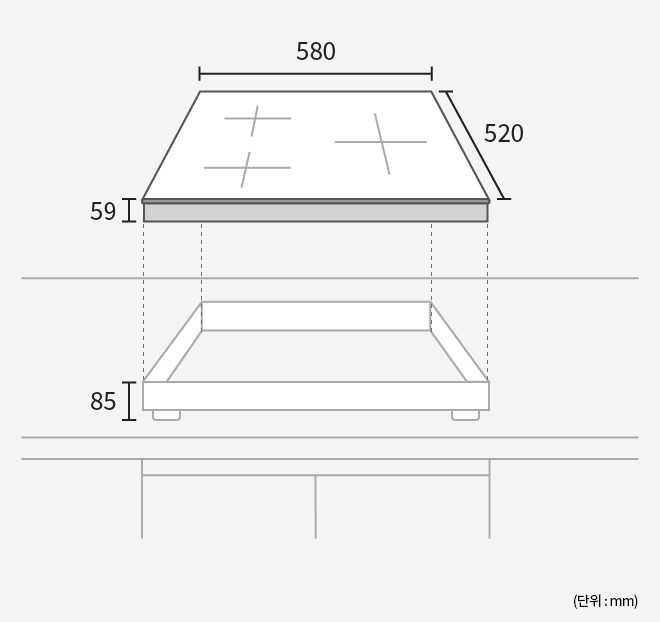 인덕션 설치 도면으로, 상판 크기는 580mm x 520mm이며 높이는 59mm임. 하부 공간은 85mm로 설정됨.