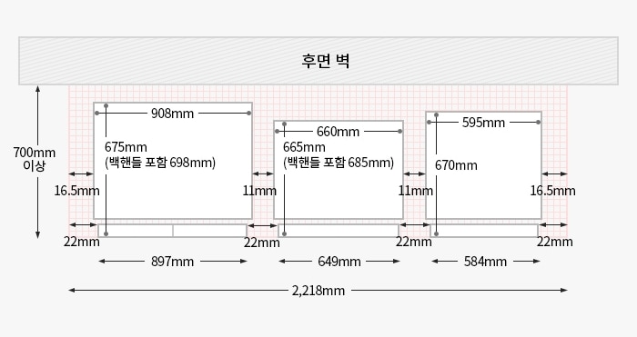 왼쪽부터 빌트인 타입 냉장고 + 김치 + 컨버터블 오토도어가 설치되었을 경우, 위에서 내려다본 제품과 후면벽과의 간격을 도면으로 그린 이미지