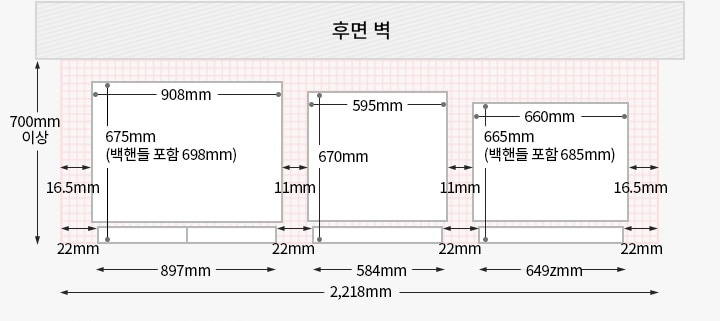 왼쪽부터 빌트인 타입 냉장고 + 컨버터블 오토도어 + 김치가 설치되었을 경우, 위에서 내려다본 제품과 후면벽과의 간격을 도면으로 그린 이미지