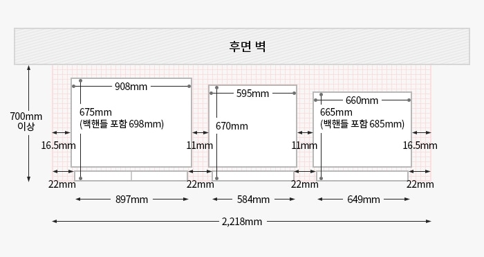 왼쪽부터 빌트인 타입 냉장고 + 컨버터블 오토도어 + 김치가 설치되었을 경우, 위에서 내려다본 제품과 후면벽과의 간격을 도면으로 그린 이미지