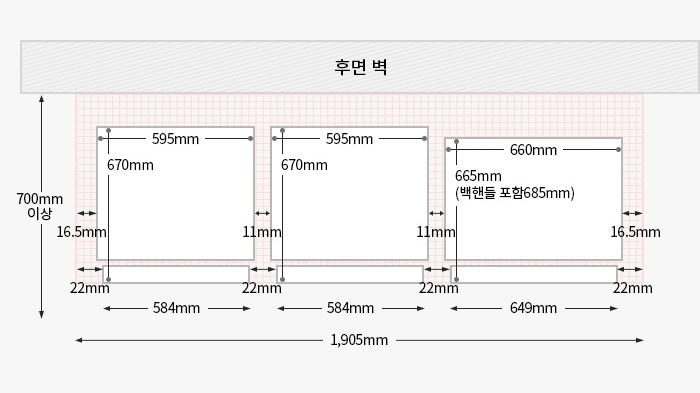 왼쪽부터 빌트인 타입 컨버터블 오토도어 + 김치가 설치되었을 경우, 위에서 내려다본 제품과 후면벽과의 간격을 도면으로 그린 이미지