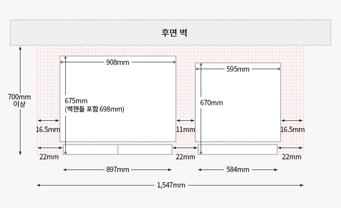 왼쪽부터 빌트인 타입 냉장고 + 컨버터블 오토도어가 설치되었을 경우, 위에서 내려다본 제품과 후면벽과의 간격을 도면으로 그린 이미지