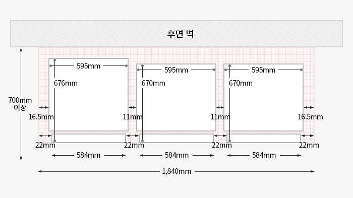 왼쪽부터 왼쪽부터 모던엣지 + 컨버터블 오토도어가 설치되었을 경우, 위에서 내려다본 제품과 후면벽과의 간격을 도면으로 그린 이미지
