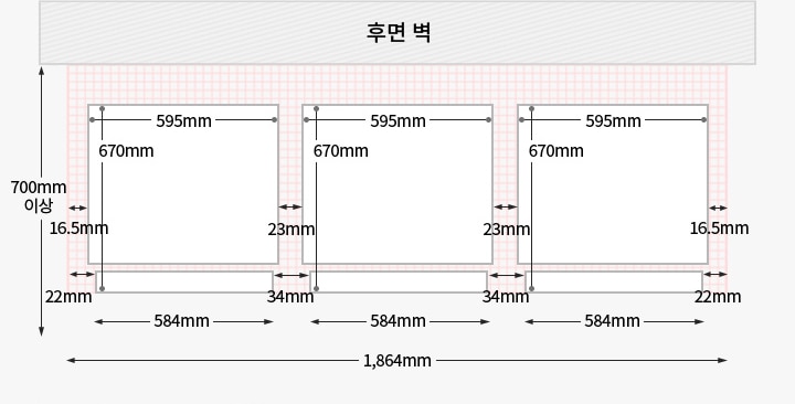 왼쪽부터 컨버터블 핸들 좌핸들 좌핸들 좌핸들이 설치되었을 경우, 위에서 내려다본 제품과 후면벽과의 간격을 도면으로 그린 이미지