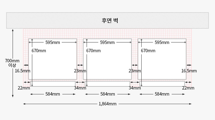 왼쪽부터 컨버터블 핸들 좌핸들 좌핸들 좌핸들이 설치되었을 경우, 위에서 내려다본 제품과 후면벽과의 간격을 도면으로 그린 이미지