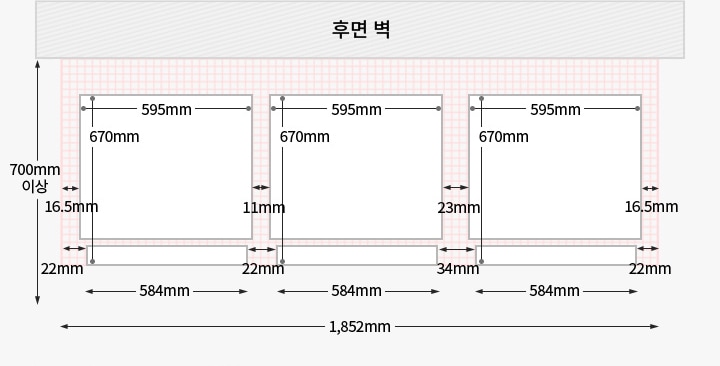 왼쪽부터 컨버터블 핸들 우핸들 좌핸들 좌핸들이 설치되었을 경우, 위에서 내려다본 제품과 후면벽과의 간격을 도면으로 그린 이미지