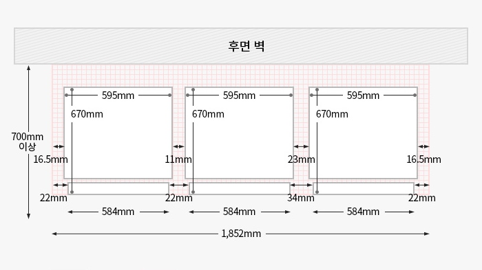 왼쪽부터 컨버터블 핸들 우핸들 좌핸들 좌핸들이 설치되었을 경우, 위에서 내려다본 제품과 후면벽과의 간격을 도면으로 그린 이미지