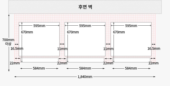왼쪽부터 컨버터블 핸들 좌핸들 우핸들 좌핸들이 설치되었을 경우, 위에서 내려다본 제품과 후면벽과의 간격을 도면으로 그린 이미지