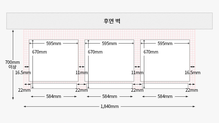 왼쪽부터 컨버터블 핸들 좌핸들 우핸들 좌핸들이 설치되었을 경우, 위에서 내려다본 제품과 후면벽과의 간격을 도면으로 그린 이미지
