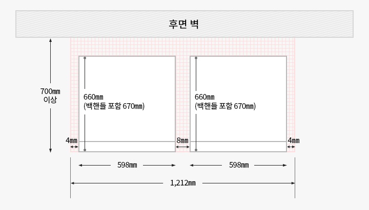 Fit&Max 컨버터블 냉장고 2대를 위에서 내려다본 제품과 후면 벽과의 간격을 도면으로 그린 이미지