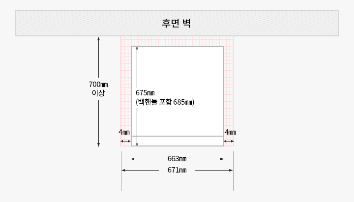 300L 빌트인 타입 김치냉장고를 위에서 내려다본 제품과 후면 벽과의 간격을 도면으로 그린 이미지