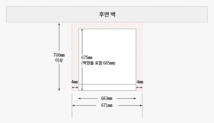 300L 빌트인 타입 김치냉장고를 위에서 내려다본 제품과 후면 벽과의 간격을 도면으로 그린 이미지