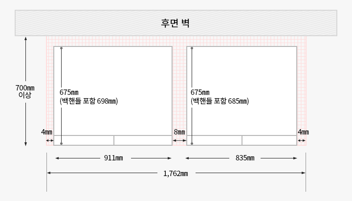 600L Fit&Mix 냉장고와 400L 김치냉장고가 설치되었을 경우, 위에서 내려다본 제품과 후면 벽과의 간격을 도면으로 그린 이미지