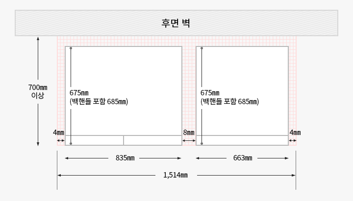 500L Fit&Mix 냉장고와 300L 김치냉장고가 설치되었을 경우, 위에서 내려다본 제품과 후면 벽과의 간격을 도면으로 그린 이미지
