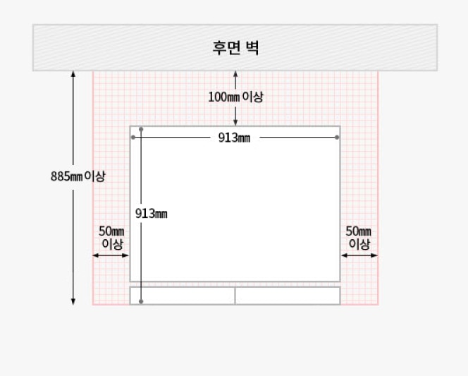 800L 양문형 냉장고 설치 공간에 대한 상단 및 측면 여유 공간과 등의 크기 정보가 포함된 이미지