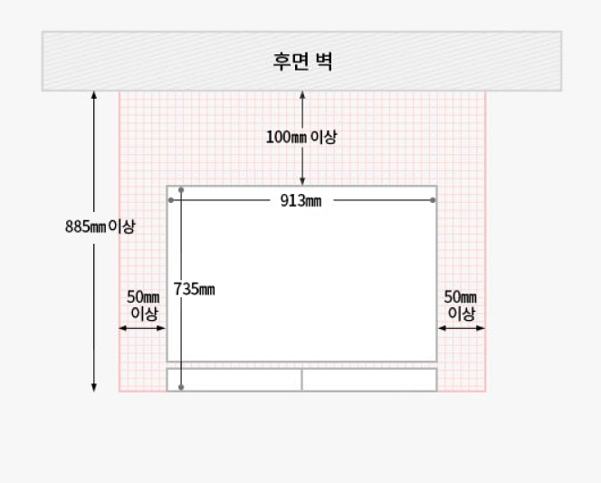 600L 양문형 냉장고 설치 공간에 대한 상단 및 측면 여유 공간과 등의 크기 정보가 포함된 이미지