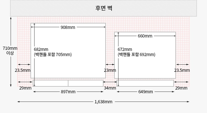 왼쪽부터 무드업 냉장고와 무드업 김치냉장고가 설치되었을 경우, 위에서 내려다본 제품과 후면벽과의 간격을 도면으로 그린 이미지
