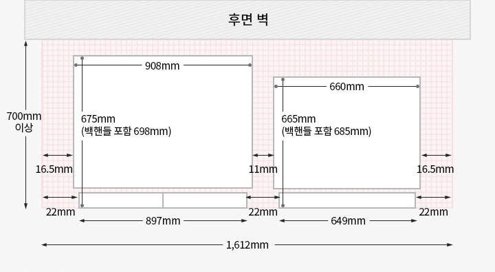 왼쪽부터 빌트인 타입 냉장고와 김치냉장고가 설치되었을 경우, 위에서 내려다본 제품과 후면벽과의 간격을 도면으로 그린 이미지