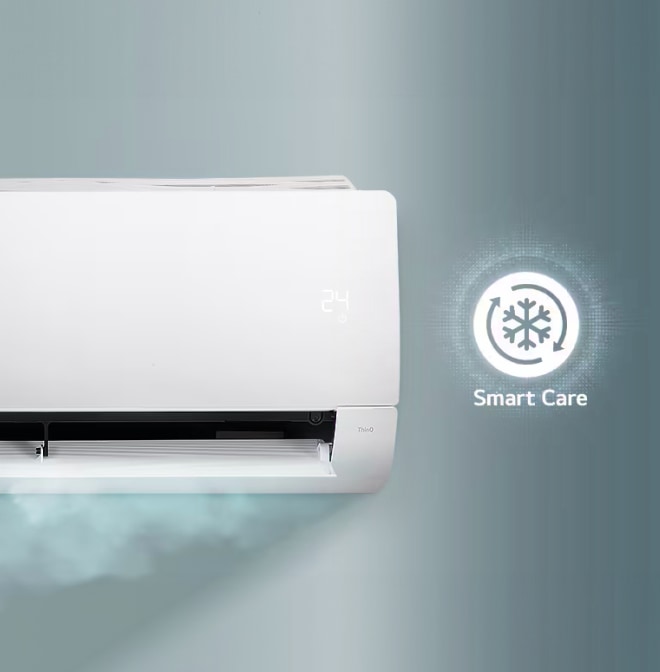 AI 기술로 상황에 맞춰 바람 세기와 온도를 자동으로 조절하는 벽걸이형 에어컨 이미지. 'Smart Care' 아이콘이 함께 표시되어 있음.