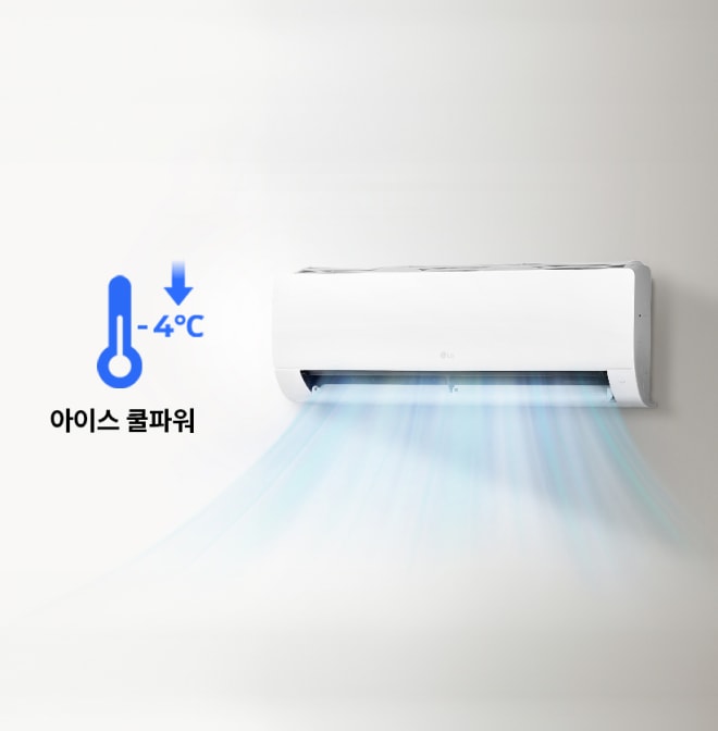 차가운 바람이 아래로 강하게 분사되는 벽걸이형 에어컨 이미지. 온도계 아이콘과 -4°C 표시가 시원함을 강조함.