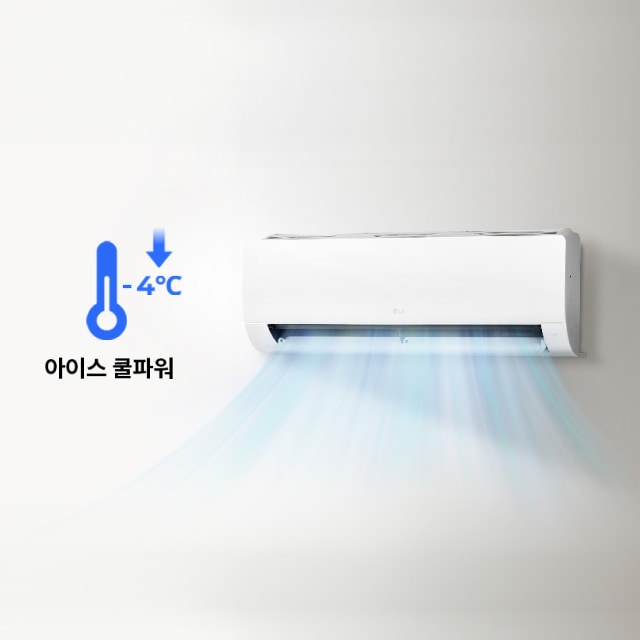 차가운 바람이 아래로 강하게 분사되는 벽걸이형 에어컨 이미지. 온도계 아이콘과 -4°C 표시가 시원함을 강조함.